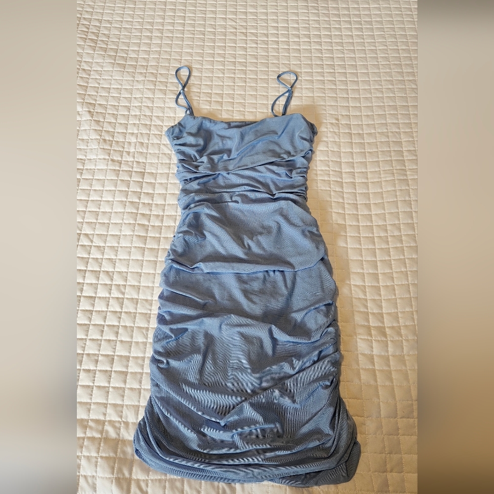 Lucy in the Sky Light Blue Ruched Mini Dress - Picture 2 of 4